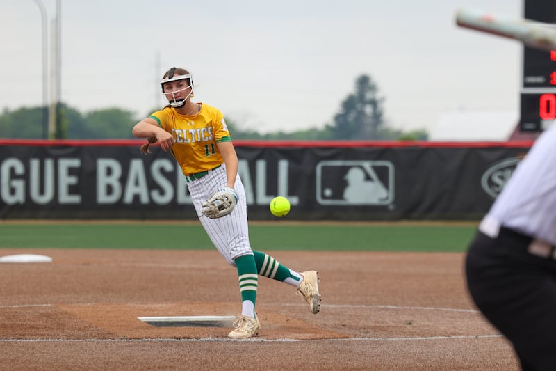 Providence Catholic's Macie Robbins throws a pitch during the Celtic's 5-2 win over St. Laurence in the IHSA Class 3A state semifinal on Friday, June 13, 2025.