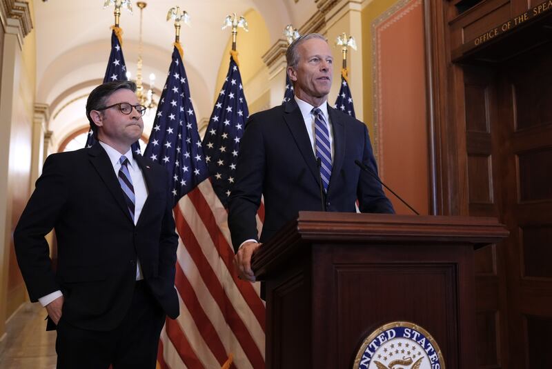 Speaker of the House Mike Johnson, R-La., left, and Senate Majority Leader John Thune, R-S.D., make statements to reporters ahead of vote in the House to pass a bill on President Donald Trump's top domestic priorities of spending reductions and tax breaks, at the Capitol in Washington, Thursday, April 10, 2025. (AP Photo/J. Scott Applewhite)