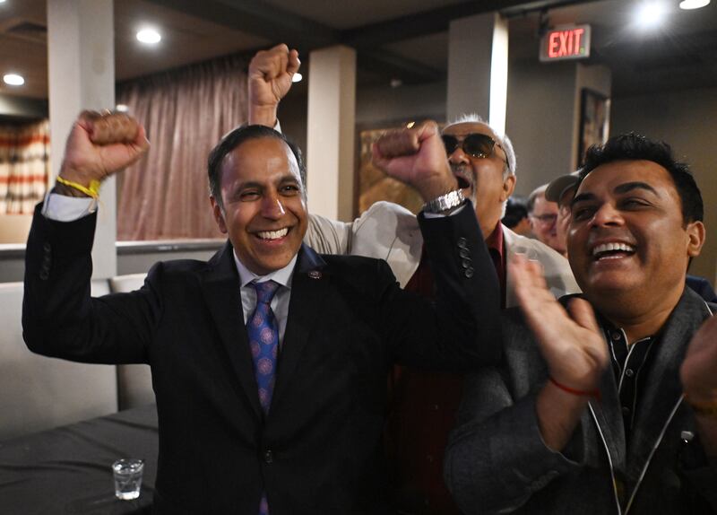 Democratic incumbent Raja Krishnamoorthi celebrates his re-election in the 8th congressional district during a gathering with supporters on Tuesday, Nov. 5, 2024 in Schaumburg.