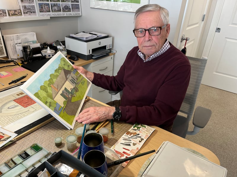 Retired architect Chuck Cassell painted a watercolor of a model of what the circa-1840s blacksmith shop looked like in Geneva. The City Council is expected to act on whether developer Shodeen can demolish it at a special meeting Jan. 12.