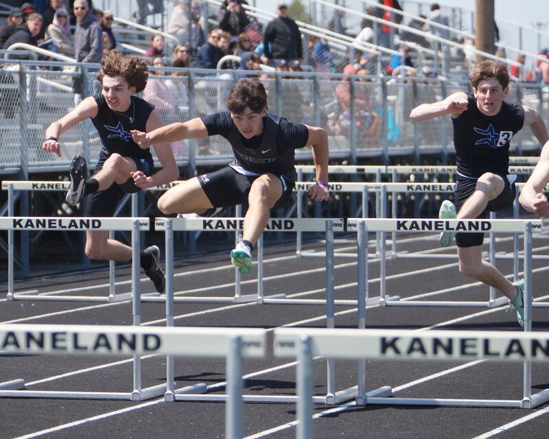 St. Charles North's Matthew Russel and Lyons Parker Robinson run in the 800 Meters at Kaneland's Peterson Prep invite on Saturday, April 26,2025 in Maple Park.