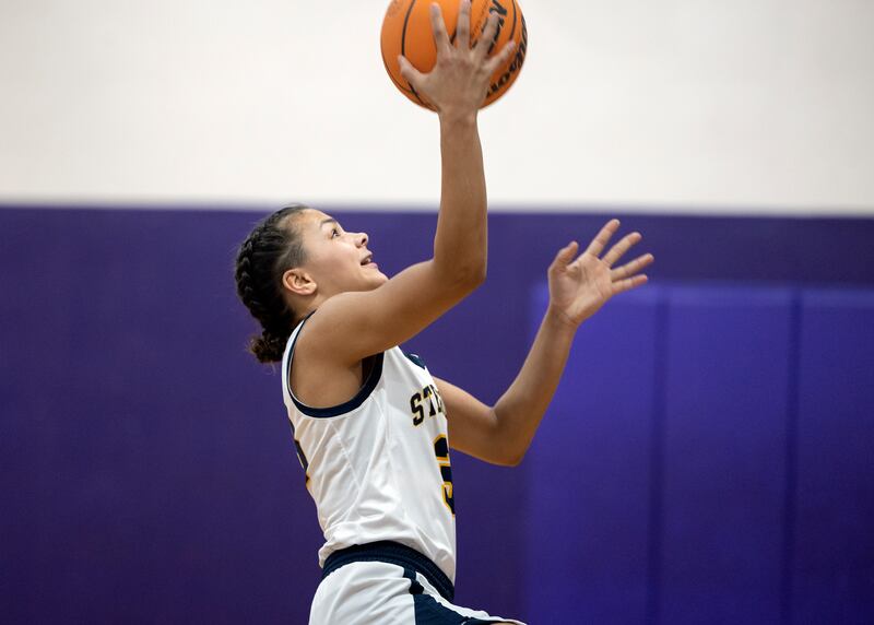 Sterling’s Joslynn James puts up a shot against Eastland Thursday, Dec. 26, 2024, during the Dixon Girls Holiday Basketball Tournament.