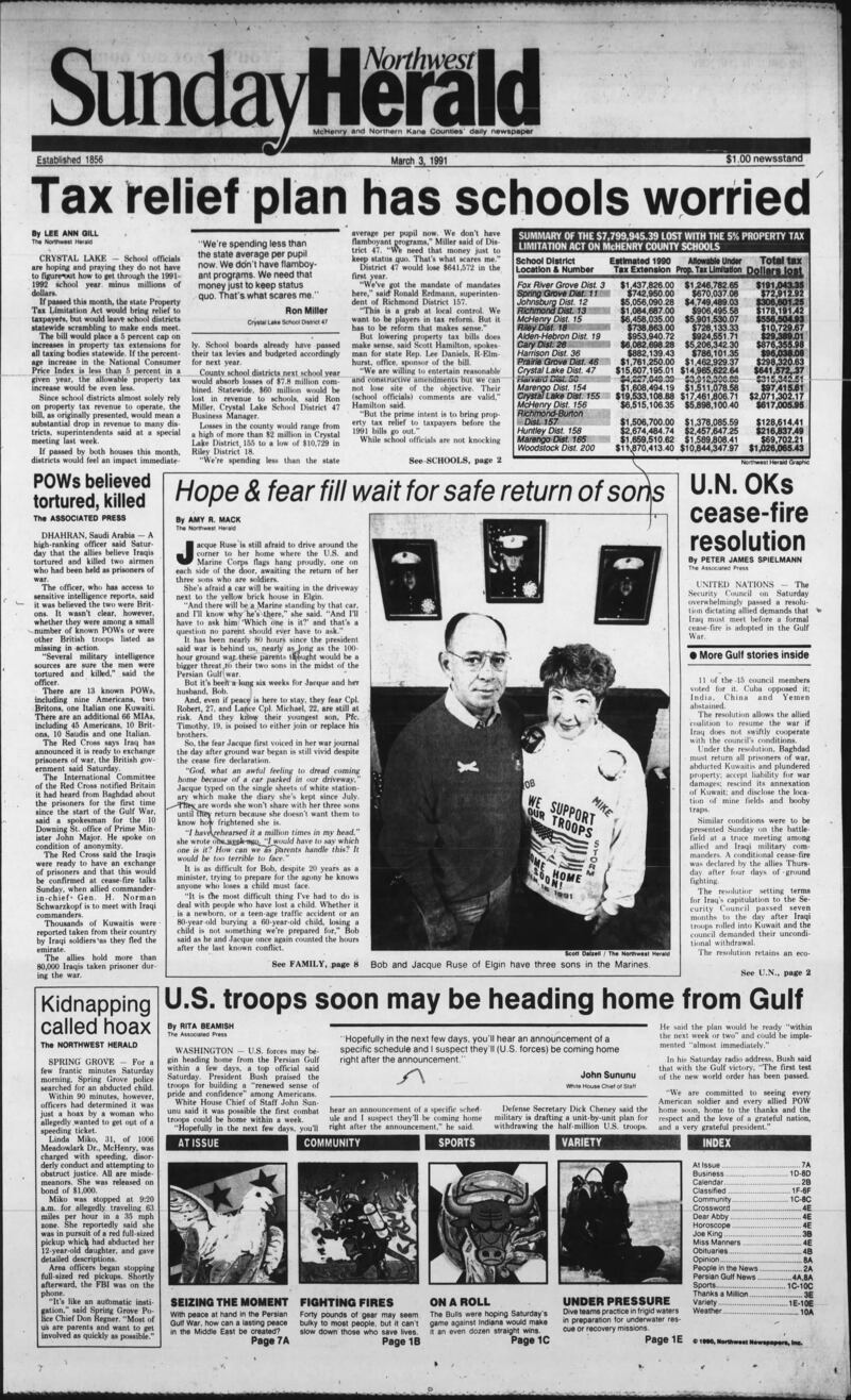 The cover of the Northwest Herald for March 3, 1991