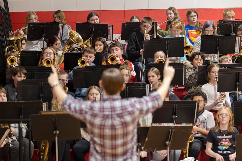 Amboy Junior High Pep Band Director Avery Kerley leads his band Tuesday, Feb. 3, 2026, at half time of the fifth and sixth grade girls basketball game. The band has been invited back, for the fourth year in a row, to play halftime at the IESA 8th grade boys basketball finals.