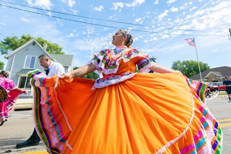 Dancers with Ballet Folklorico perform in the Fiesta Days parade Saturday, Sept. 14, 2024. After the parade the group put on a show of traditional Hispanic dancing.
