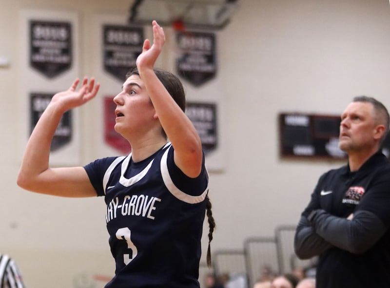 Cary-Grove’s Kennedy Manning follows through on an outside shot in varsity girls basketball on Monday, Feb. 2, 2026, at Huntley High School in Huntley.
