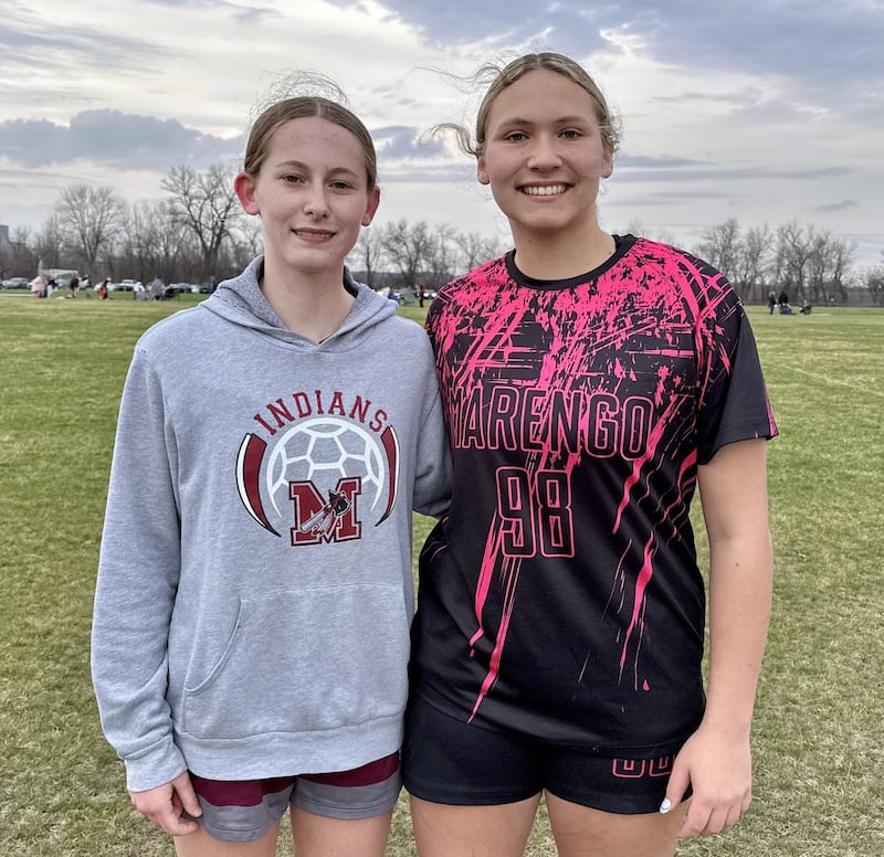 Maggie Hanson (left) scored three second-half goals and Macy Noe (right) recorded 11 saves as Marengo shut out Woodstock North 3-0 in KRC girls soccer action Friday.