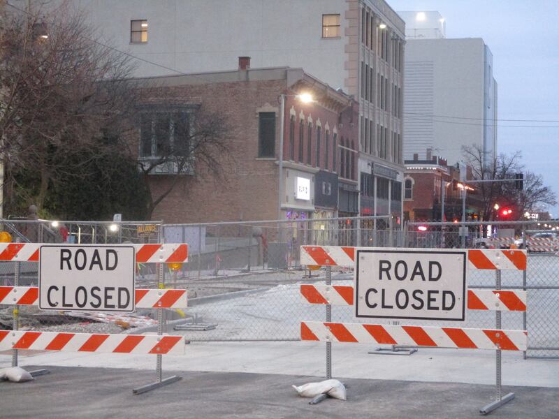 Signs mark the section of Chicago Street closed for construction in the heart of downtown Joliet. Dec. 18, 2024