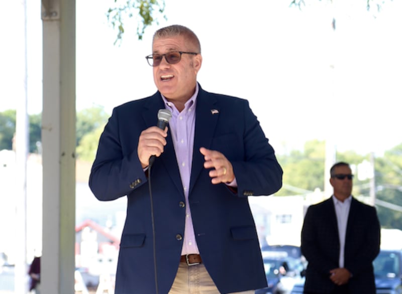 Former Republican state senator Darren Bailey launches his tour for Illinois governor at a Charlie Kirk memorial event in Yorkville on Sept. 27, 2025.