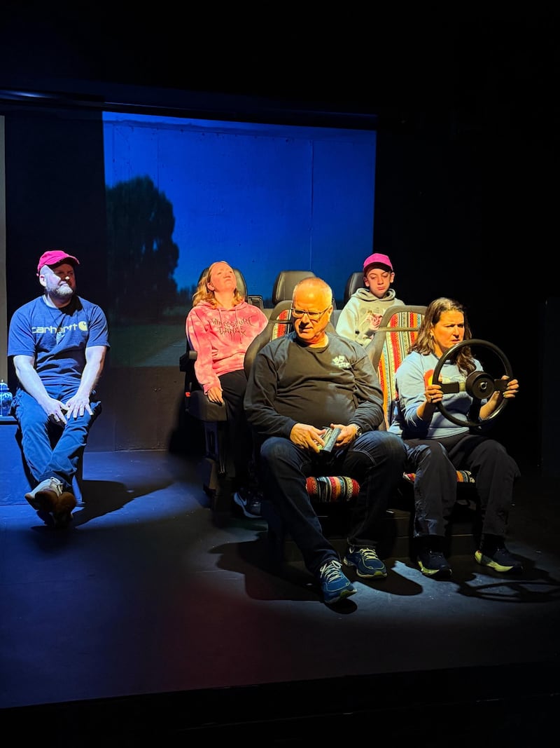 The cast of "Leaving Iowa" at the Morris Theatre Guild drives along the Iowa countryside.