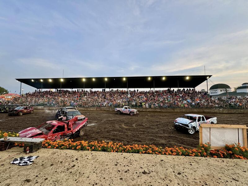A demolition derby is underway during the 2024 Will County Fair.