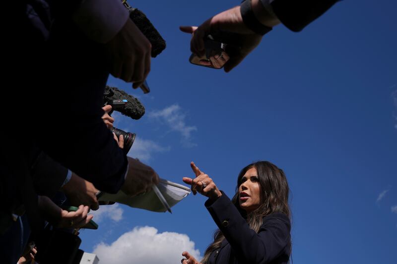United States Secretary of Homeland Security Kristi Noem speaks to the media during the Five Country Ministerial meeting at the Honourable Artillery Company in London, Monday, Sept. 8, 2025. (AP Photo/Kin Cheung)