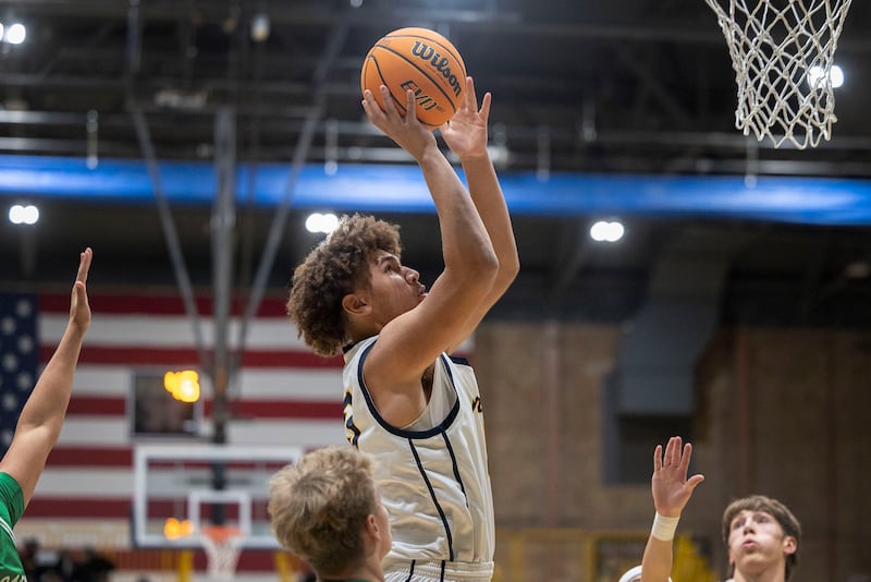 Sterling’s AJ Coleman puts a shot up against Geneseo Friday, Dec. 5, 2025.