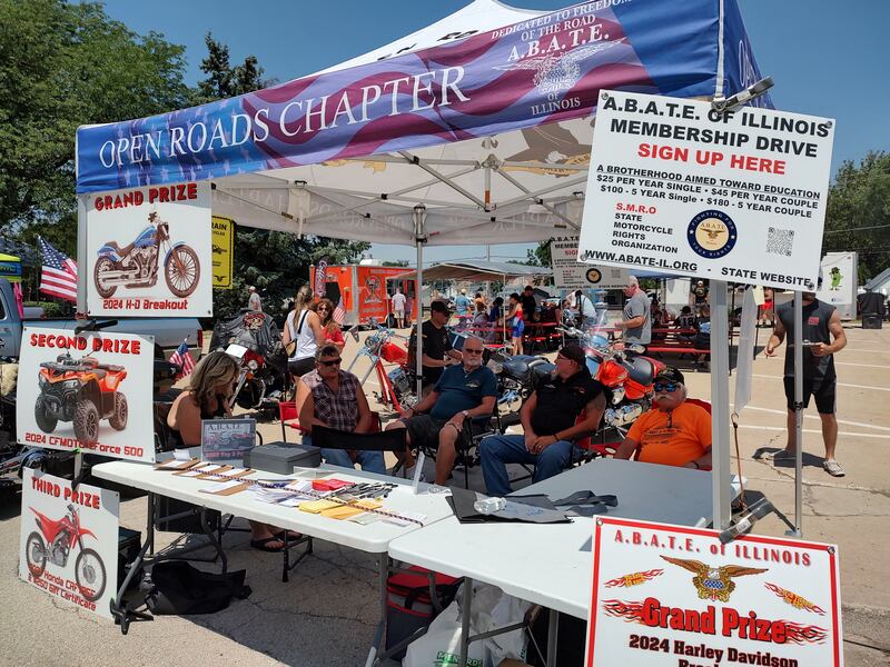 Some of the Open Roads ABATE members – Sharyl Mataya, Bruce Littlebrant, Bob Mauer, Sam Mataya, and Cliff Oleson - at the car/bike show in Sandwich on July 5, 2025.