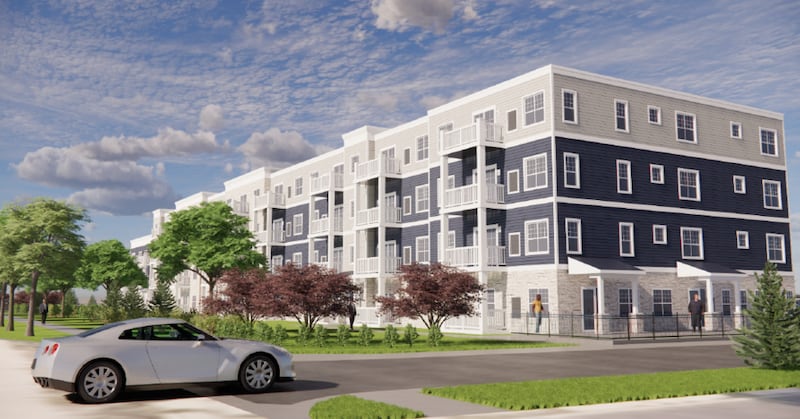 A rendering of the 'Residences at River Pointe,' a 72-unit affordable housing proposal along the Fox River in Batavia.