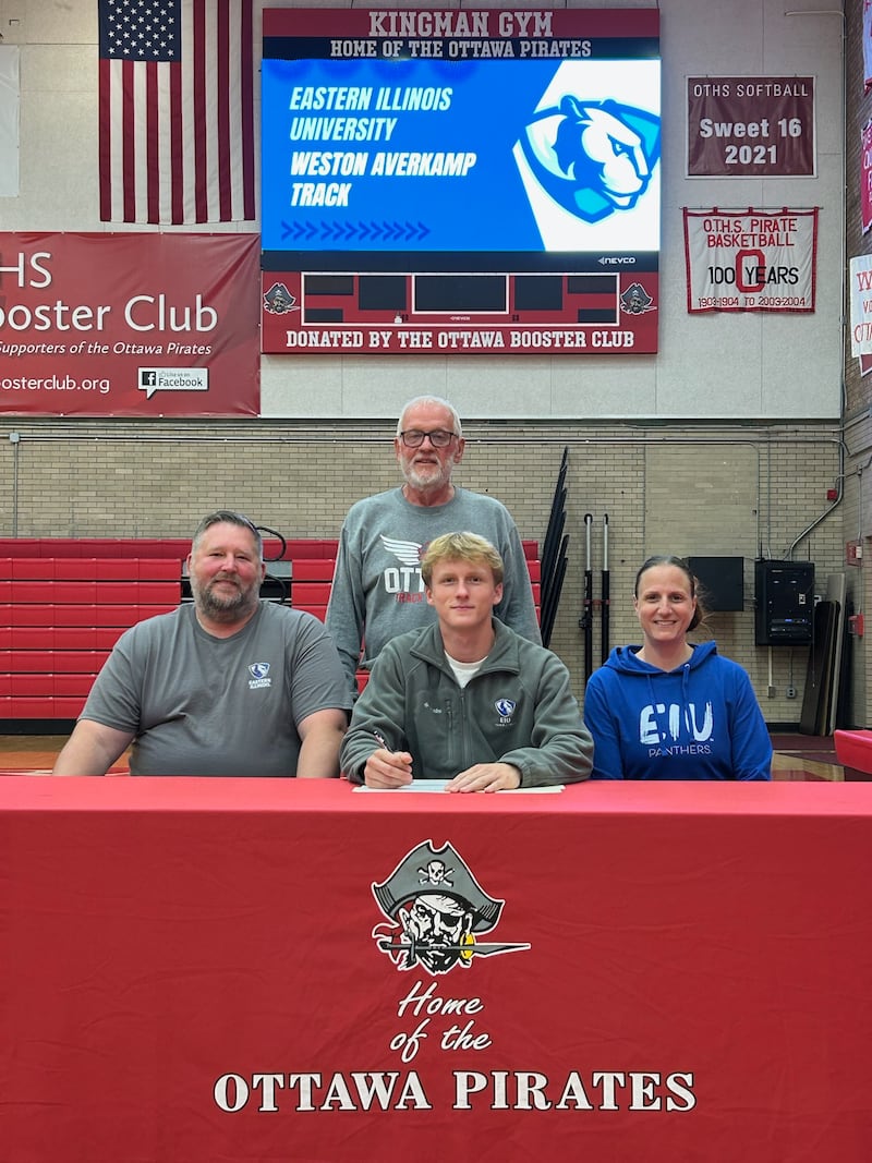 Recent Ottawa High School graduate Weston Averkamp, pictured here at his signing ceremony bookended by family members Jeff (left) and Brenda Averkamp with Ottawa assistant track and field coach Tom Ziel standing, has committed to continue his education at Eastern Illinois University in Charleston and his track career at the NCAA Division I level with the Panthers.