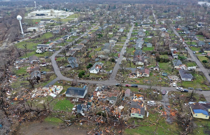An aerial view of the storm damage near Strasma Drive and Lowe Road in Aroma Park on Wednesday, March 11, 2026.