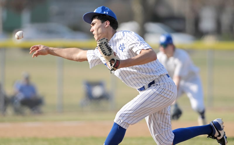 Geneva’s Mason Bruesch pitches against Glenbard West in a baseball game in Geneva on Wednesday, Mar. 25, 2026.
