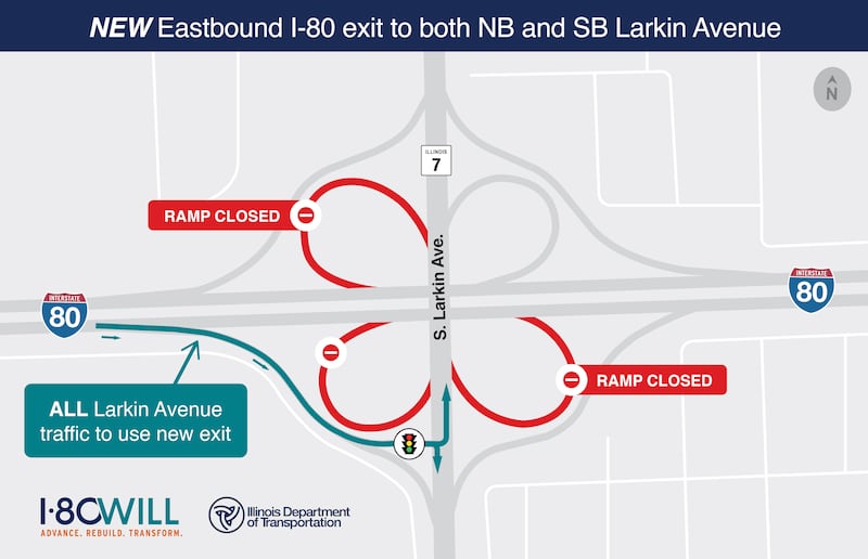 Map of new ramp pattern at I-80 and Larkin Avenue, which will go into effect on Friday, August 29, 2025.