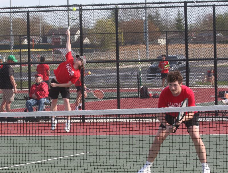 Ottawa number-one doubles team players Collin Olszerski and Ayden Sexton play against L-P on Tuesday, April 22, 2025 at the L-P Athletic Complex in La Salle.