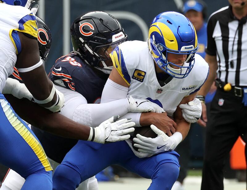 Chicago Bears defensive tackle Gervon Dexter Sr. sacks Los Angeles Rams quarterback Matthew Stafford during their game Sunday, Sept. 29, 2024, at Soldier Field in Chicago.