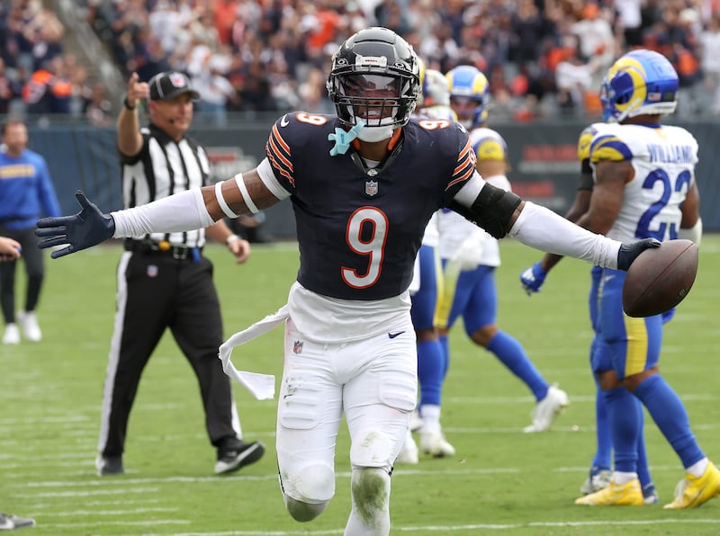 Chicago Bears safety Jaquan Brisker celebrates after intercepting Los Angeles Rams quarterback Matthew Stafford to seal the game Sunday, Sept. 29, 2024, at Soldier Field in Chicago.