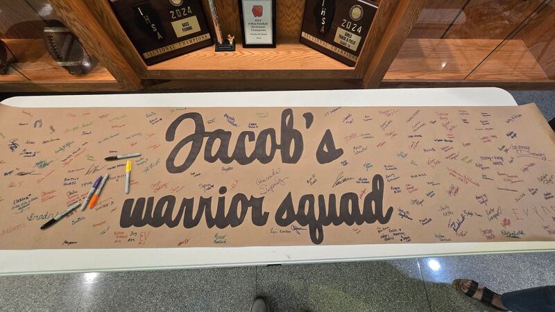 Pictured is a signed banner at Polo's "Pass, Set and Kill Cancer" game against Milledgeville on Tuesday, Sept. 23, 2025. Both teams helped raise money for the family of Jacob Promenschenkel, a 2024 Milledgeville graduate who passed away from bone cancer in August.