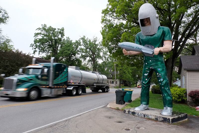 The Gemini Giant, as seen in 2017 in front of the now-closed Launching Pad Drive-In on Illinois Route 53 in Wilmington, will be resurrected at a new roadside attraction at the entrance to South Island Park, about a half mile west of its original location. The Gemini Giant Homecoming event is set for Saturday from 1 to 3 p.m., with the official ribbon cutting at 2 p.m.