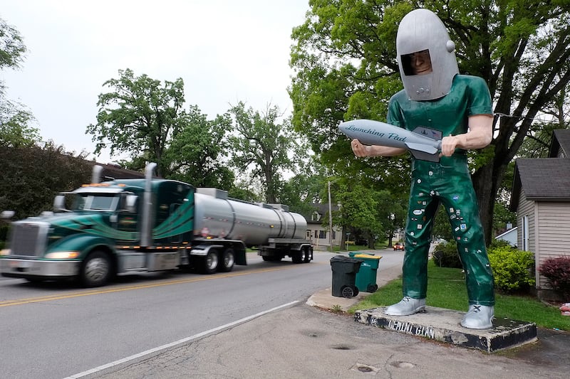 The Gemini Giant, as seen in 2017 in front of the now-closed Launching Pad Drive-In on Illinois Route 53 in Wilmington, will be resurrected at a new roadside attraction at the entrance to South Island Park, about a half mile west of its original location. The Gemini Giant Homecoming event is set for Saturday from 1 to 3 p.m., with the official ribbon cutting at 2 p.m.