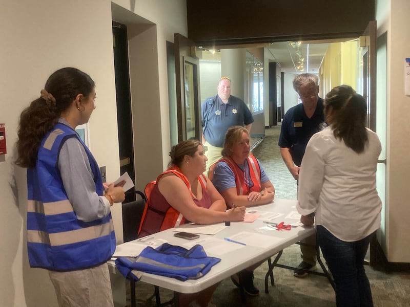 Will County Emergency Management Agency employees act as "accountants" checking to verify the location of students during an emergency training program for first responders and local school personnel at University of St. Francis in Joliet on Wednesday, July 23, 2025.