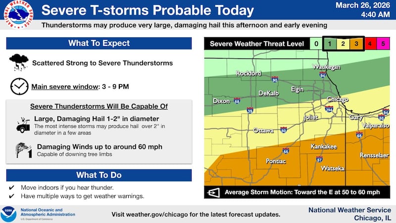 The probability of severe thunderstorms on Thursday in northern Illinois