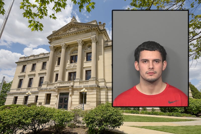 Christian M. Rios, 24, of DeKalb, was arrested March 12, 2024, and faces 10 felony criminal charges in connection to the Feb. 5, 2024, shooting outside Lord Stanley’s bar in downtown DeKalb. (Inset photo provided by DeKalb Police Department)