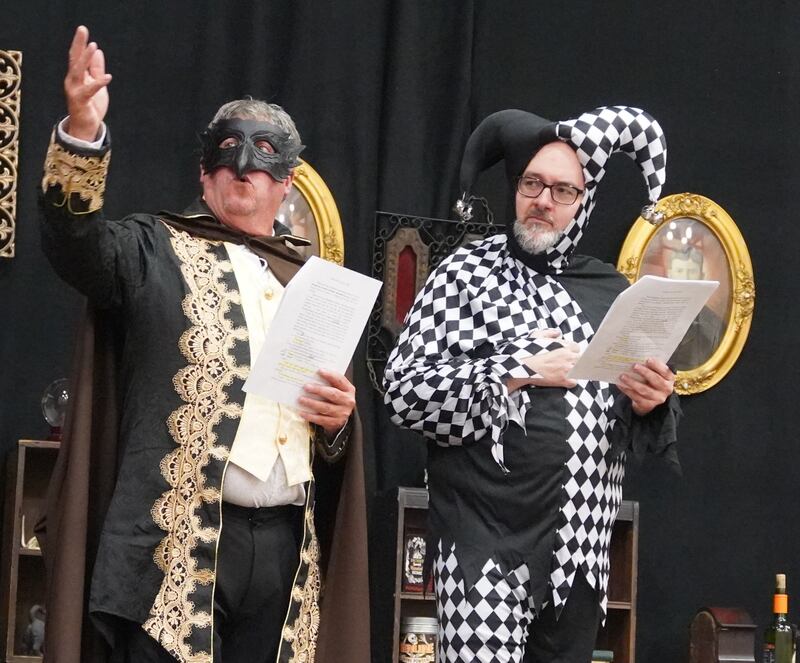 The Performing Arts Guild will present Tapestry of Shadows to be held Oct. 10-12 at the Allure of Pinecrest Grove Theater, Mt. Morris. For ticket information call 815-734-2103 or order online at performingartsguild.com. Pictured: Morgan McConnell and Joe Helfrich rehearse for their roles in The Cask of Amontillado.