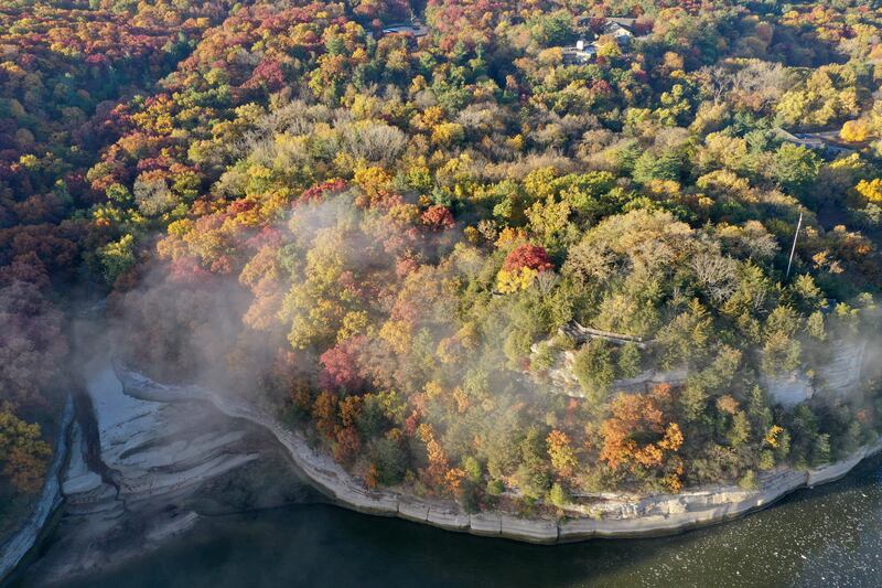 An aerial view of the fall colors over Starved Rock on Thursday, Oct. 24, 2024 at Starved Rock State Park.