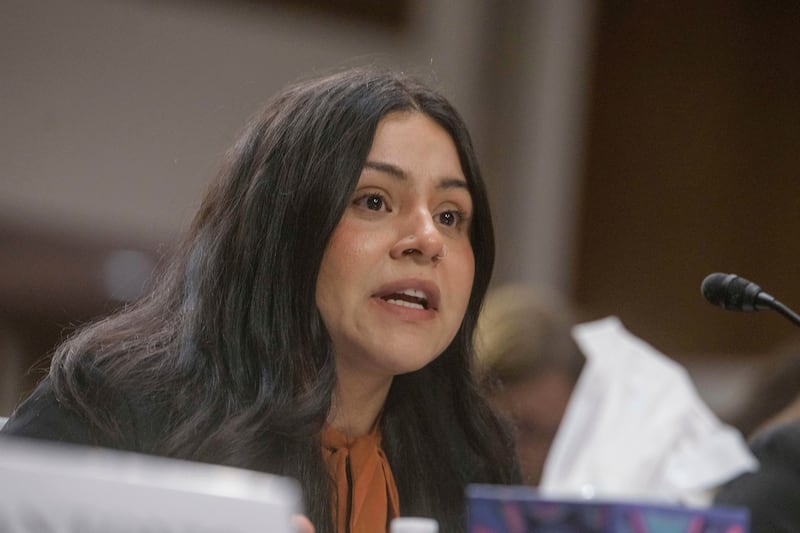 Marimar Martinez, was shot five times by Customs and Border Patrol (CBP) agents, appears during a forum on Capitol Hill, Tuesday, Feb. 3, 2026, in Washington. (AP Photo/Rod Lamkey, Jr.)