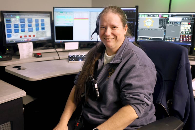 DeKalb County Sheriff’s Deputy Laura Flink at her dispatch station Monday, April 20, 2026, in the DeKalb County Sheriff's dispatch center in Sycamore.
