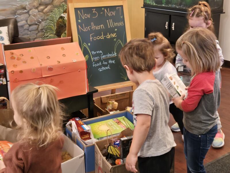 Preschoolers with the Goddard School of Saint Charles in Geneva recently collected hundreds of pounds of food to donate to the Northern Illinois Food Bank ahead of Thanksgiving 2025.
