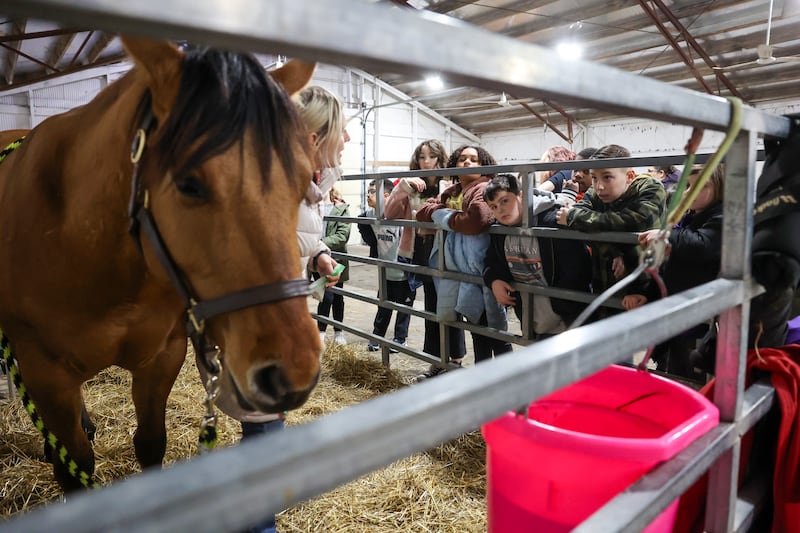 Fourth graders from Manteno listen as Brittany Wyatt, of St. Anne, talks about her 2-year-old horse, Jester, during the Kankakee County Farm Bureau's 22nd Kids Day at the Farm held Thursday, March 20, at the Kankakee County Fairgrounds.