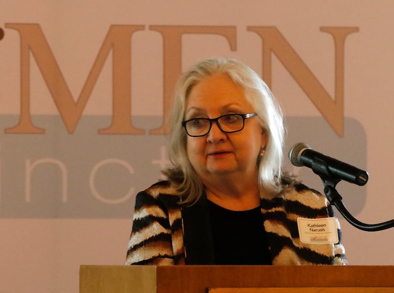 Award recipient Kathleen Narusis speaks during the Northwest Herald's Women of Distinction award luncheon Wednesday June 4, 2025, at Boulder Ridge Country Club, in Lake in the Hills. The luncheon recognized 10 women in the community as Women of Distinction.
