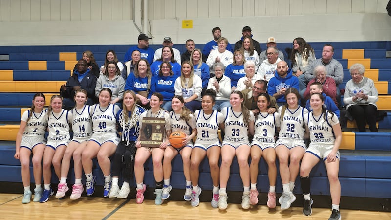 The Newman girls basketball team is pictured after beating Bureau Valley 66-41 to win the Class 1A Galva Regional title on Friday, Feb. 20, 2026. It was the Newman girls' first regional title since 2009.