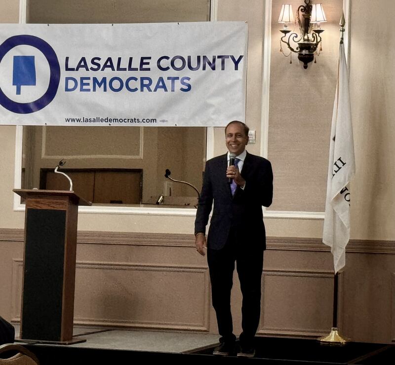 U.S. Representative Raja Krishnamoorthi speaks during the inaugural La Salle County Democrats breakfast forum on Saturday, Sept. 27, 2025, at Grand Bear Lodge in Utica.