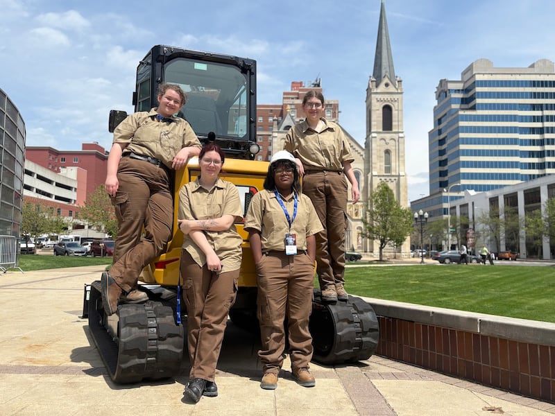 The first all-girls construction team to compete at SkillsUSA Illinois poses outside the Peoria Civic Center after their competition. From left, Aubrey Levin, Kayhl Miles, Amyla Walls and Catelin Wesley.