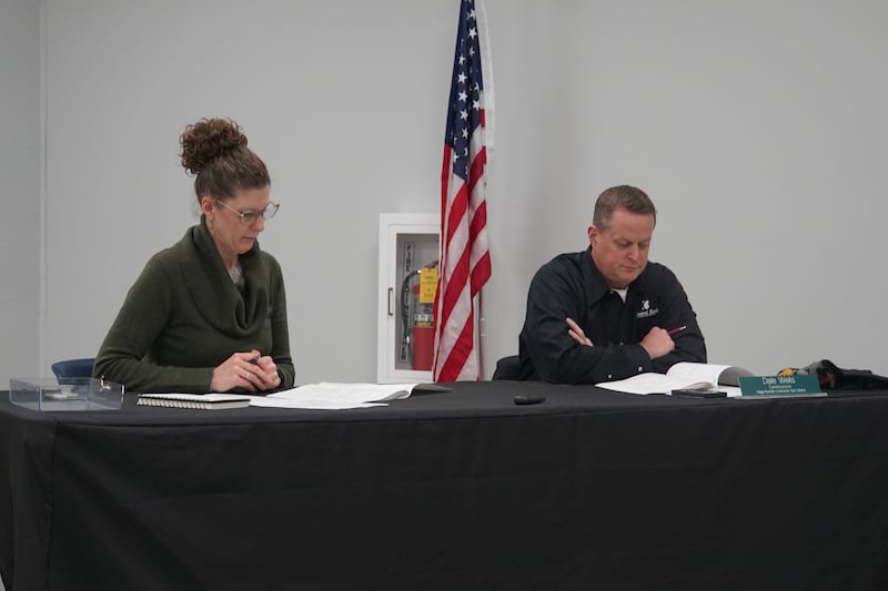 Flagg-Rochelle Community Park District Executive Director Jackee Ohlinger (left) a and Board Member Dale Wells participate in a meeting on Monday, Dec. 15, 2025.