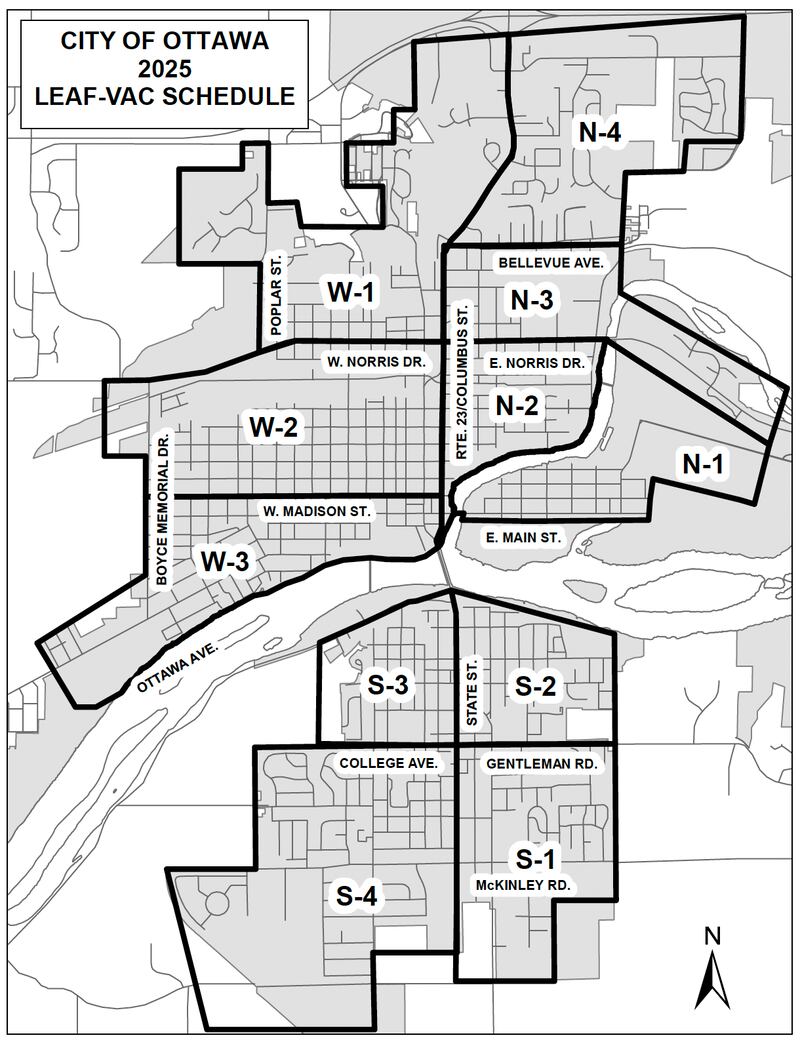 The city of Ottawa’s annual city leaf vacuum program will begin Wednesday, Nov. 12, in areas N-1, S-1, and W-1.