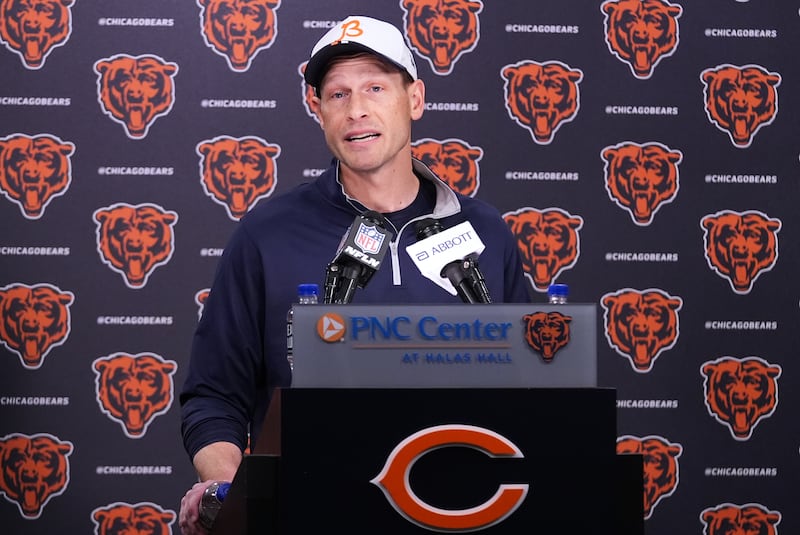 Chicago Bears head coach Ben Johnson talks to media at a news conference in Lake Forest, Ill., Wednesday, Jan. 21, 2026. (AP Photo/Nam Y. Huh)