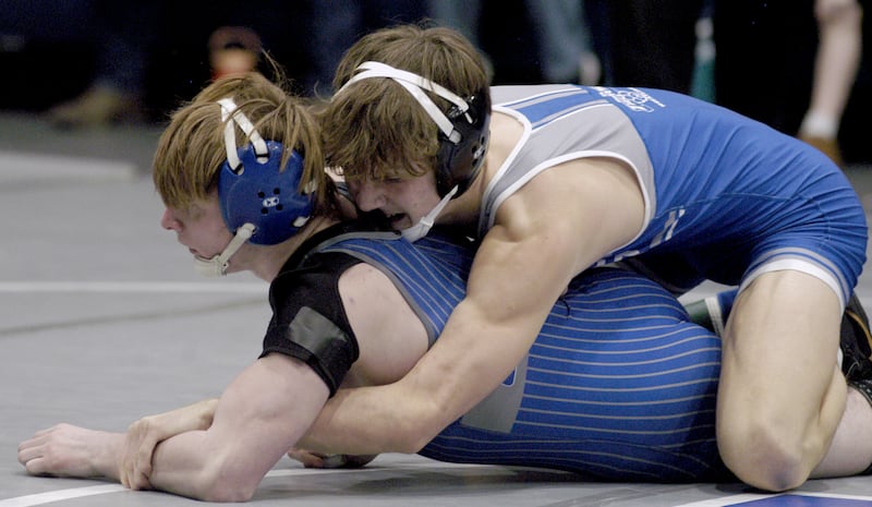 Newmans Aiden Volz and Princeton's Corbin Brown lock up. Newman, Princeton and Lena-Winslow grappled at NHS. The meet took place on January 20, 2026.