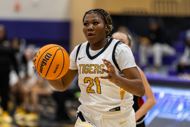 Joliet West's Jada Thompson drives towards the basket during a WJOL Girls Basketball Tournament game against Tinley Park at Joliet Junior College on Nov. 18, 2025.