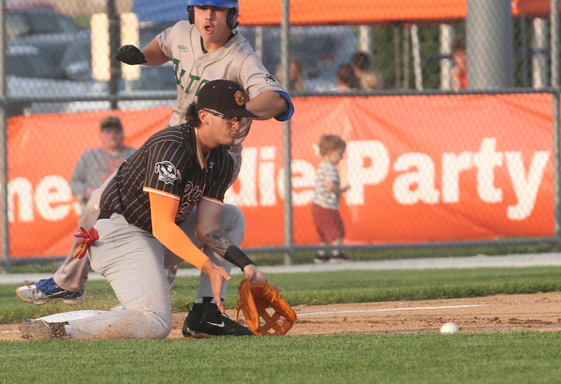 Illinois Valley Pistol Shrimp's James Love of Joliet, fields a ground ball as Alton River Dragons Kyle Campbell rounds third base on Thursday, June 5, 2025 at Schweickert Stadium in Peru.