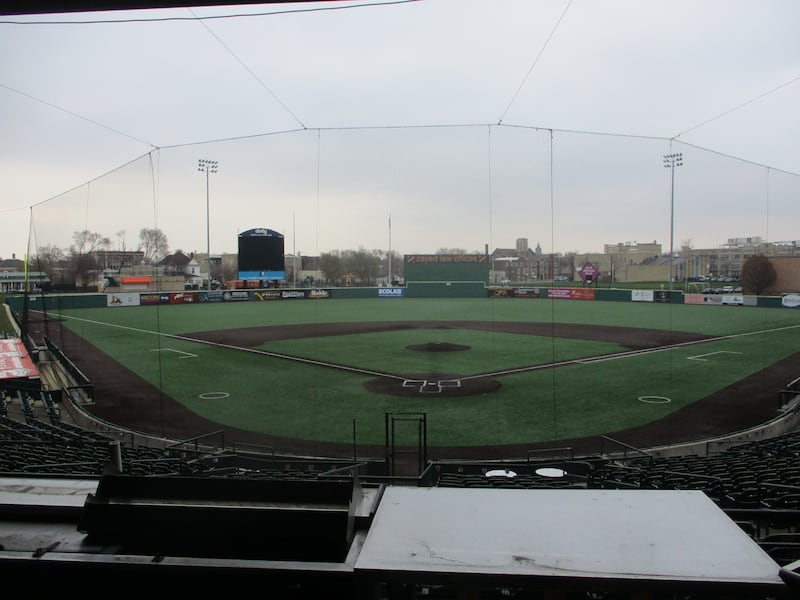 The field at Slammers Stadium in Joliet is seen from a stadium area behind home plate. April 10, 2025