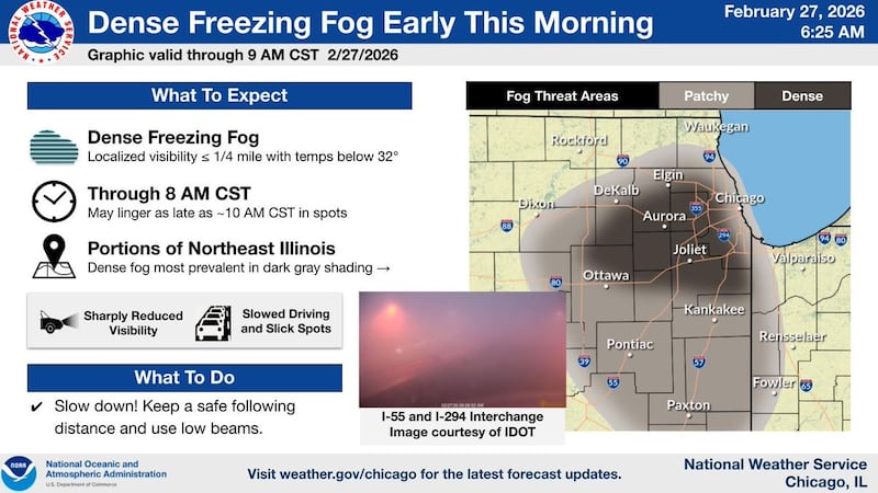 Shallow, dense and freezing fog developed across a large area of northeastern Illinois Friday morning.